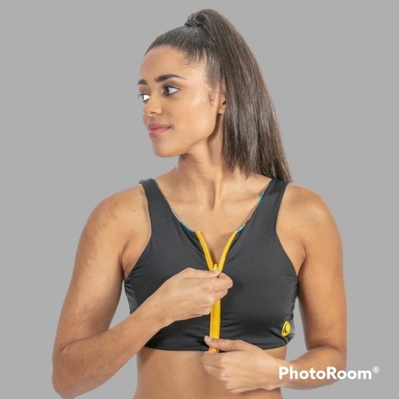 NWOT Wave Life Blossom Blue/Black Reversible Zip Front Bikini Top - Picture 8 of 11